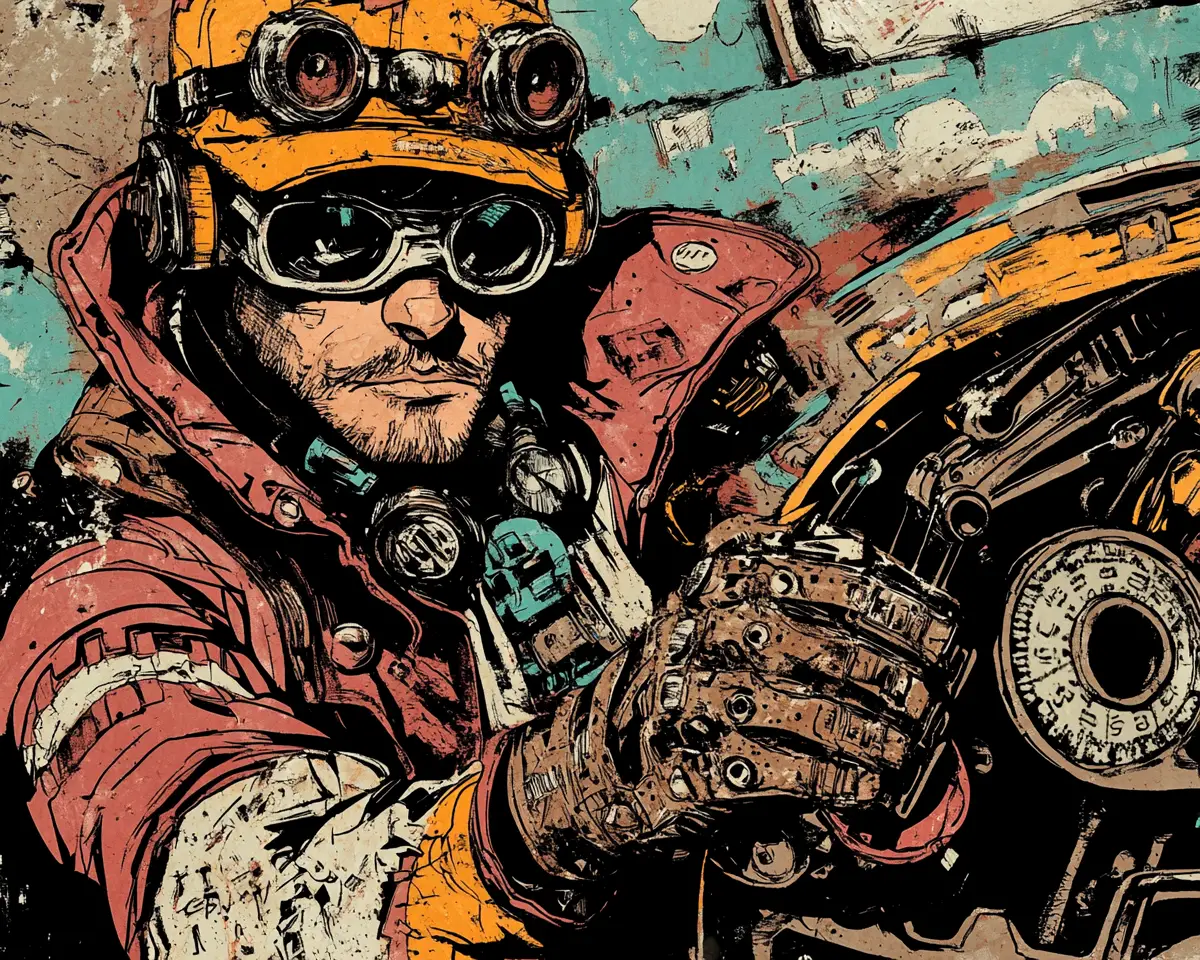 Steampunk rebel in ink drawing amid steam machines