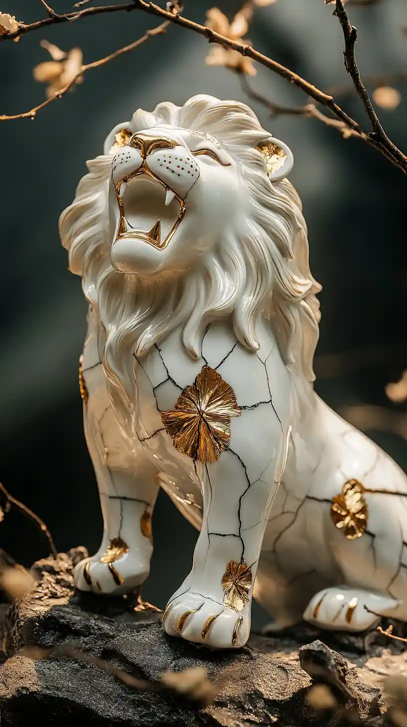 Porcelain Lion Sculpture Roaring In Urban Street Setting