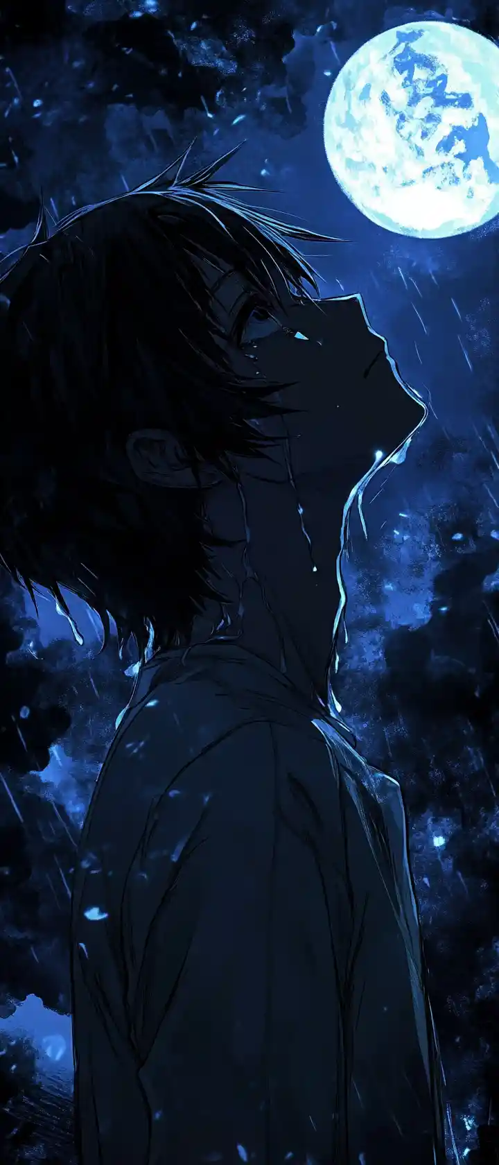 Anime boy awake in moonlight staring into the night