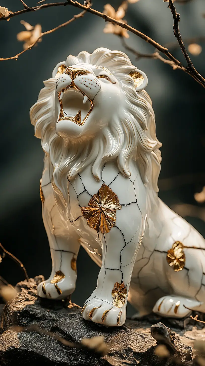 Porcelain Lion Sculpture Roaring In Urban Street Setting