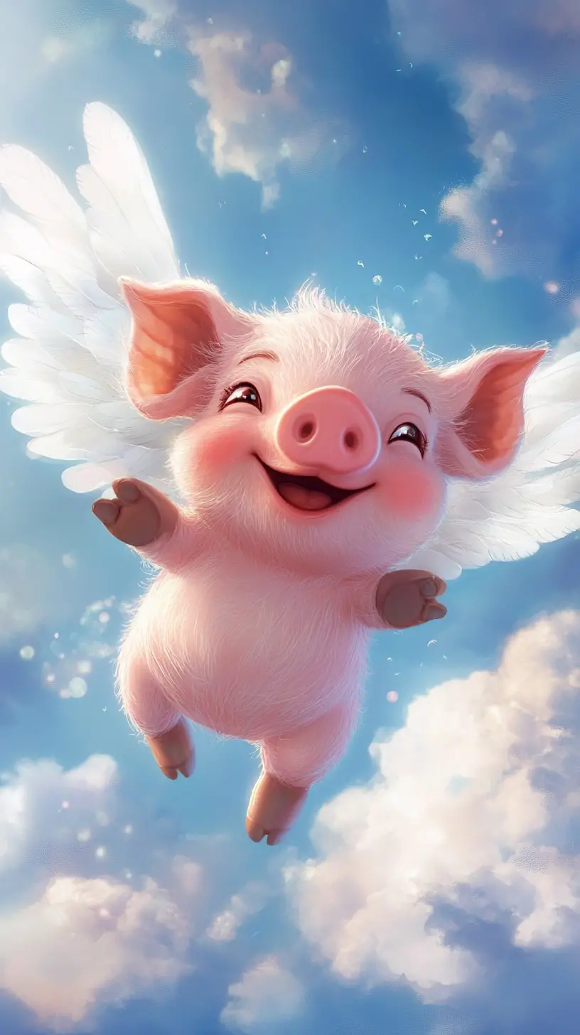 Cute winged pink pig flying in bright blue sky