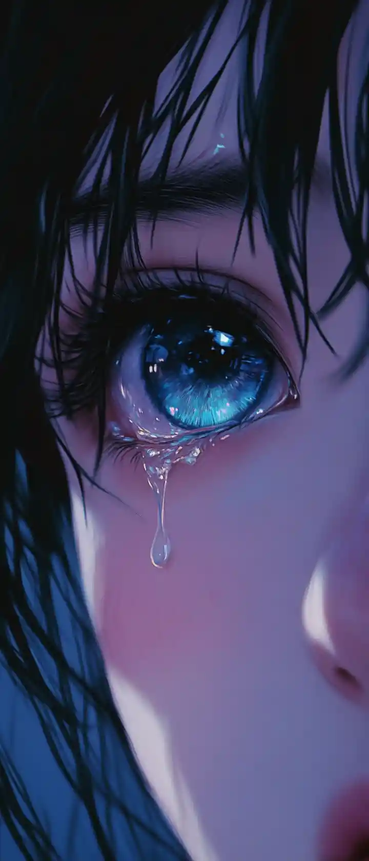 Anime girl waking with tears between dream and reality