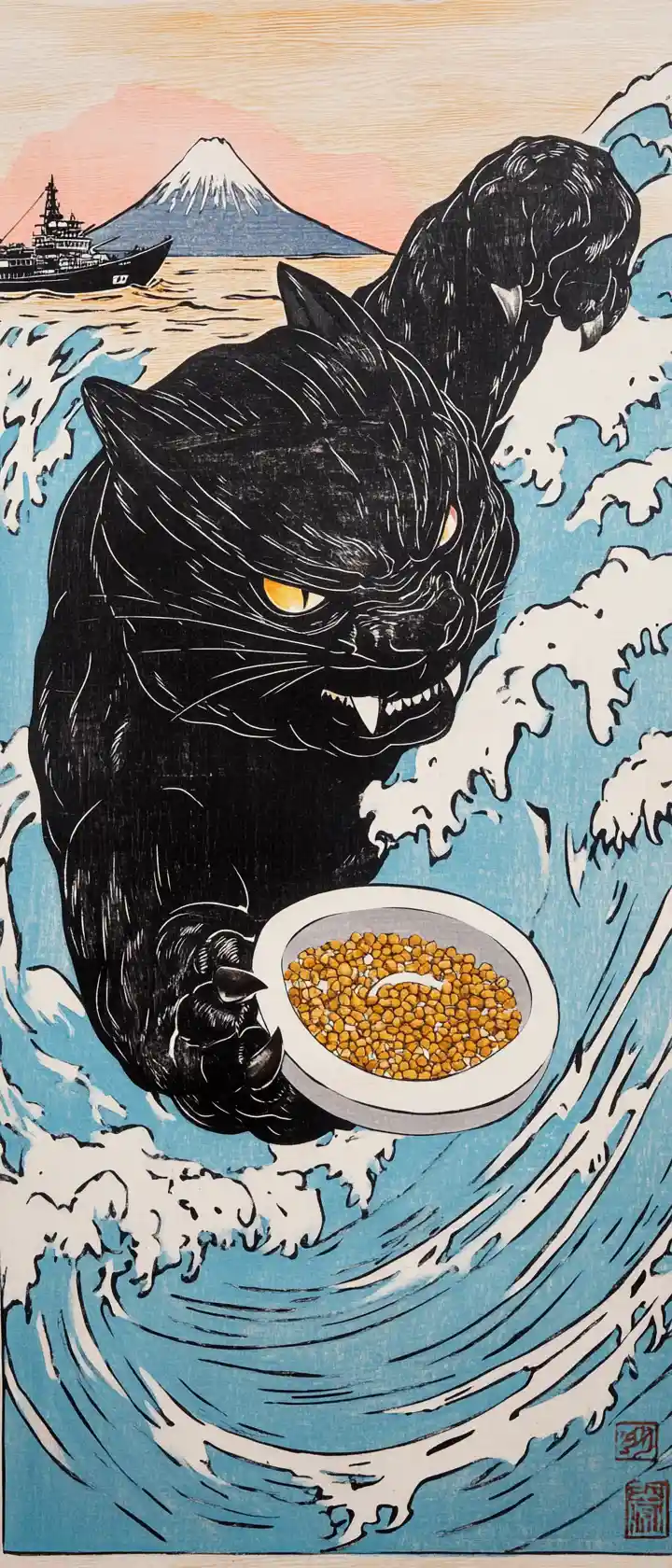 Giant black cat kaiju in a ukiyo e ocean scene