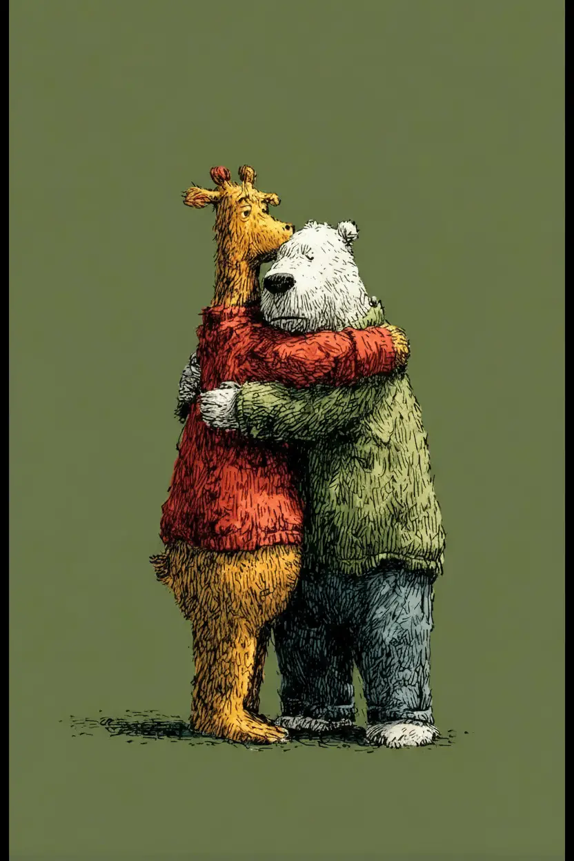 Cartoon giraffe and polar bear hugging on green background