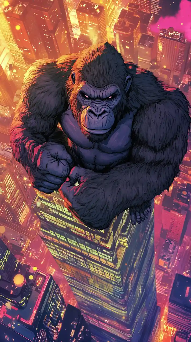Giant ape on empire state building at vibrant sunset