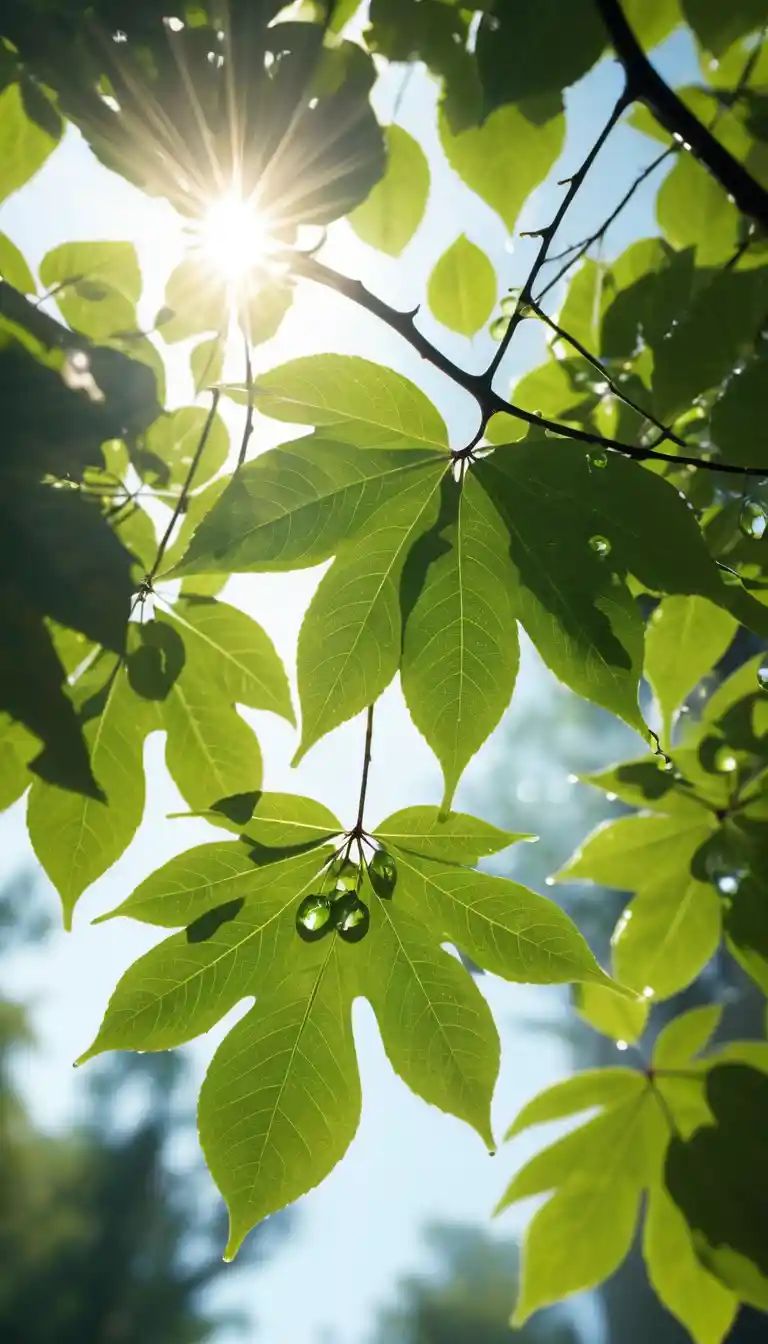 Sunlight Filtering Through Green Leaves From Below