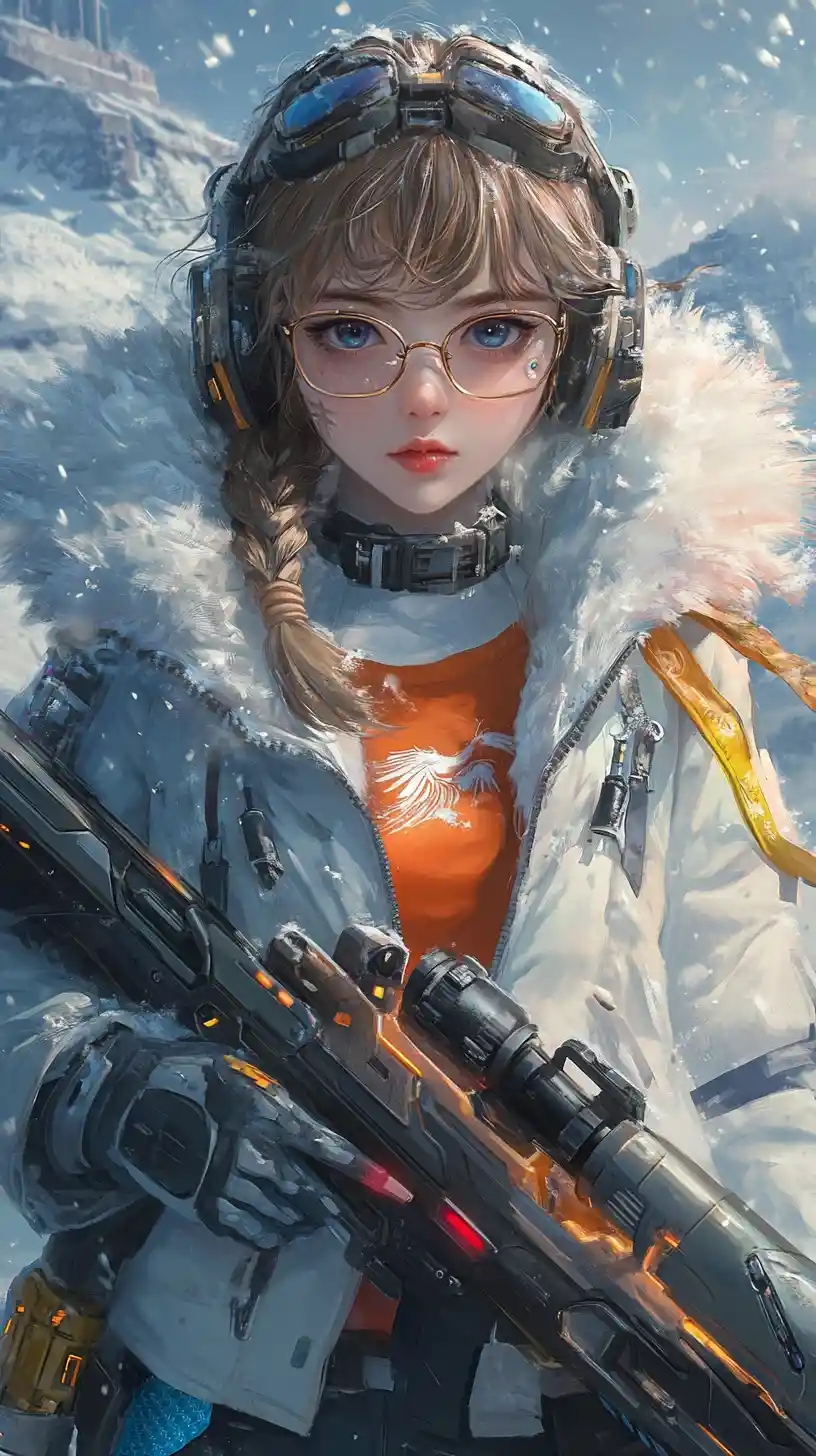 Sci fi girl aiming rifle in ruined coastal station