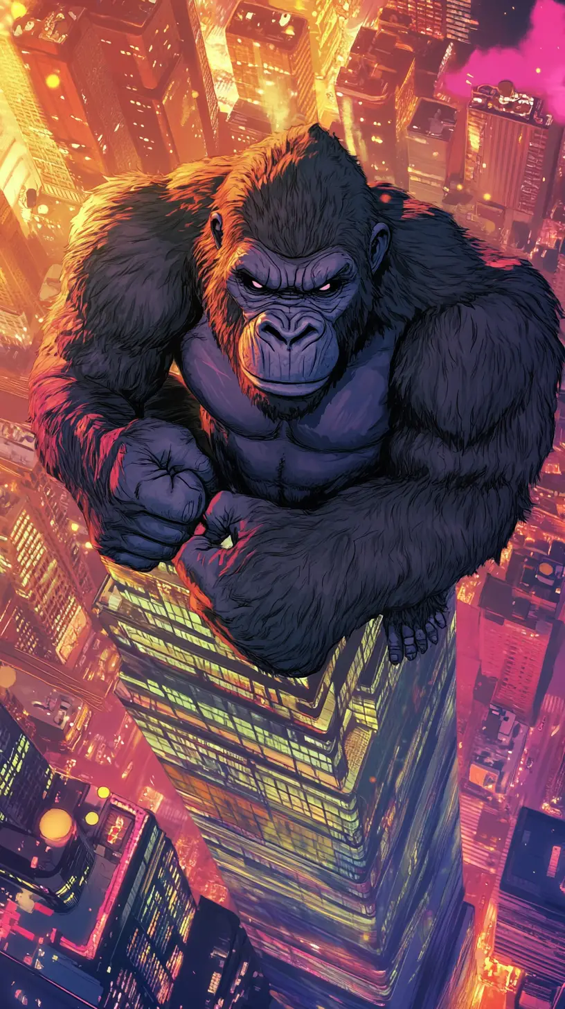 Giant ape on empire state building at vibrant sunset