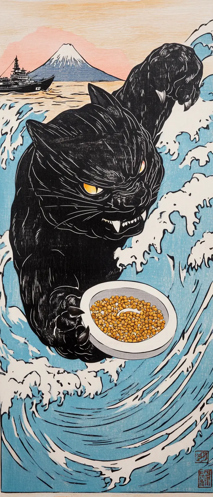 Giant black cat kaiju in a ukiyo e ocean scene