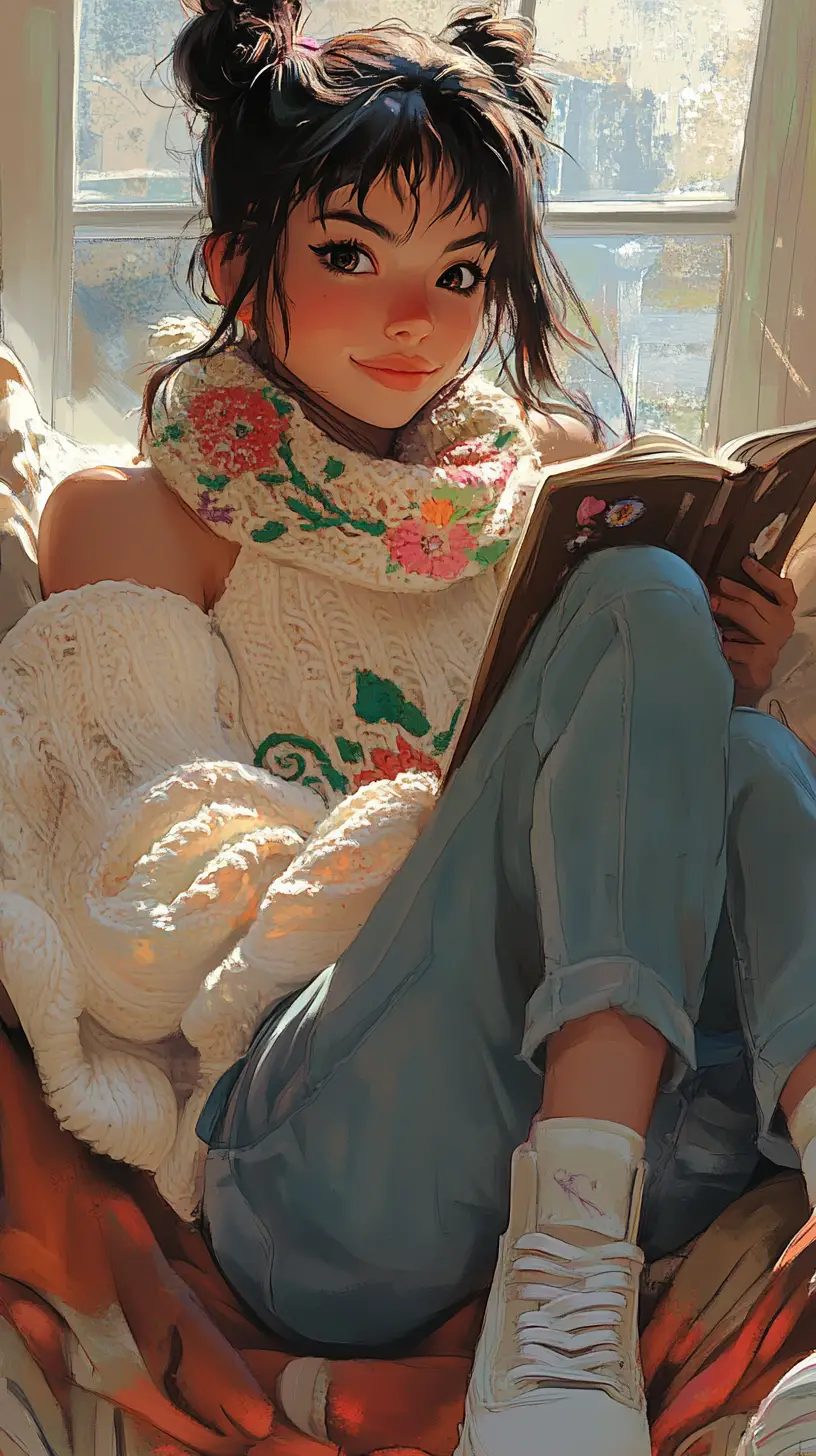 Cozy anthropomorphic cookie by the window with book