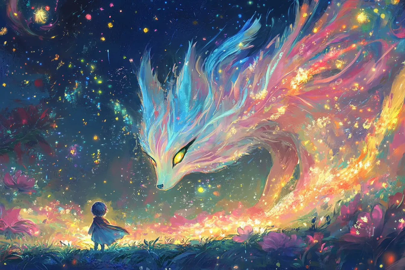 Chibi hero and glowing fox spirit in fantasy landscape