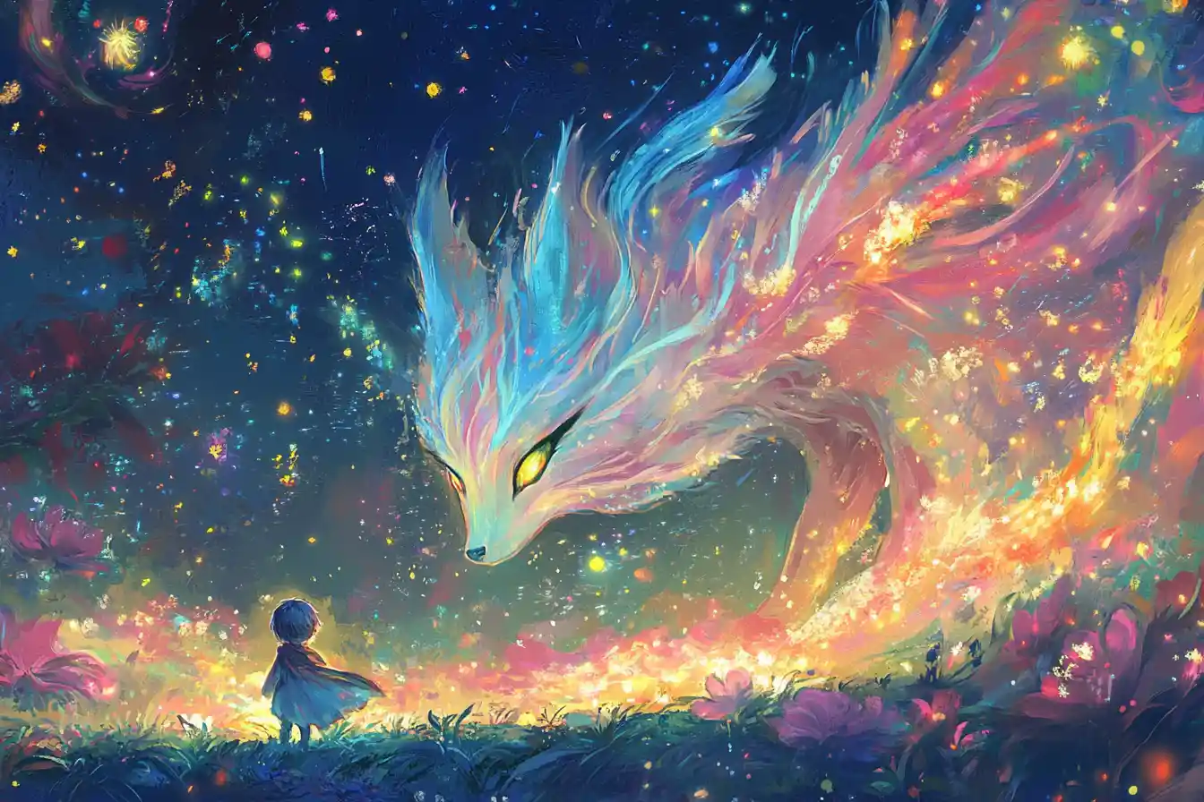 Chibi hero and glowing fox spirit in fantasy landscape