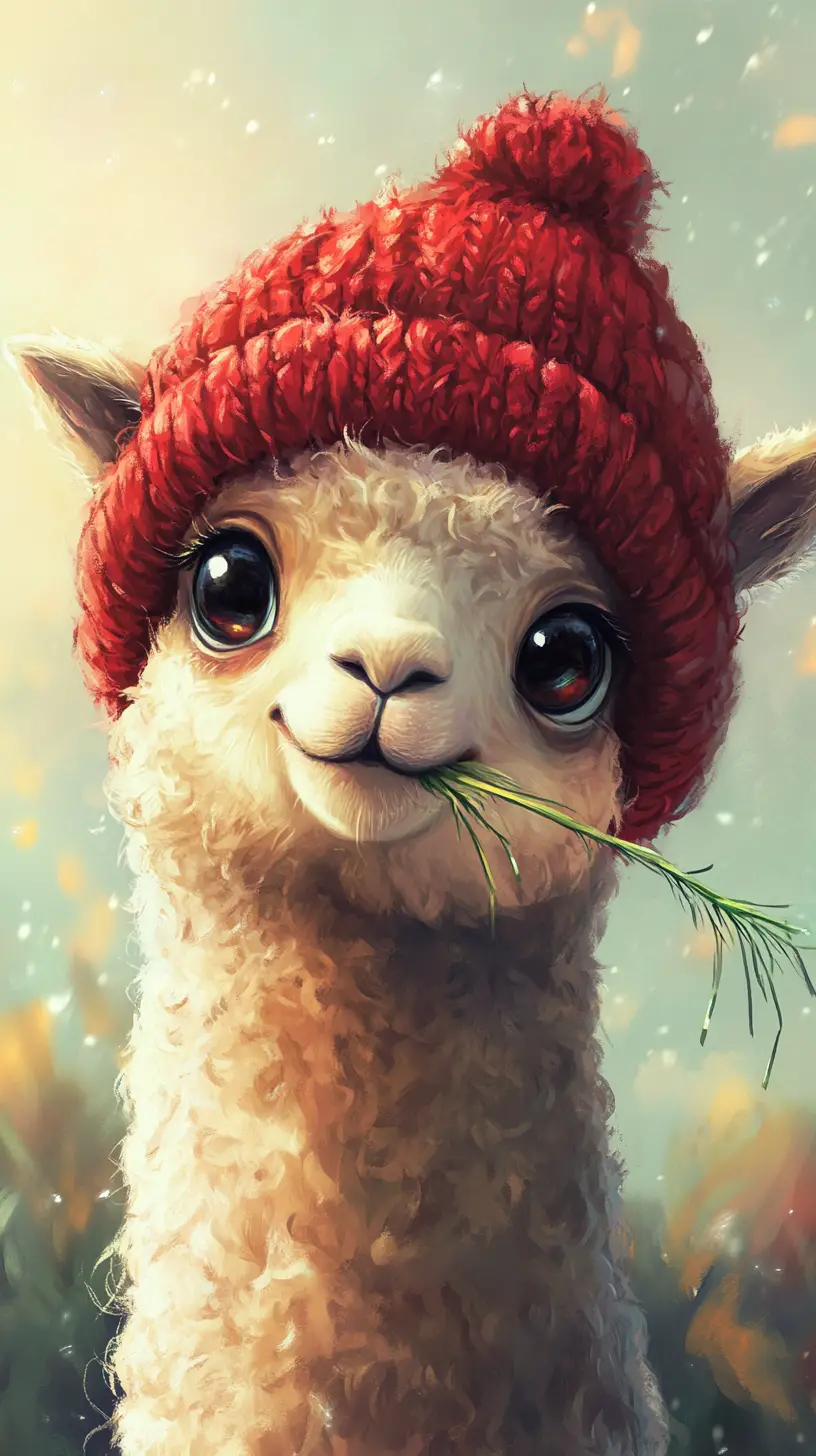 Playful anime alpaca in red beanie in soft meadow