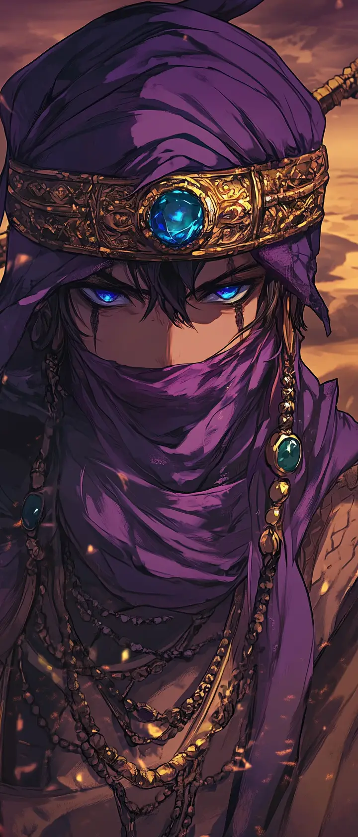 Anime desert wanderer with gemmed staff at sunset