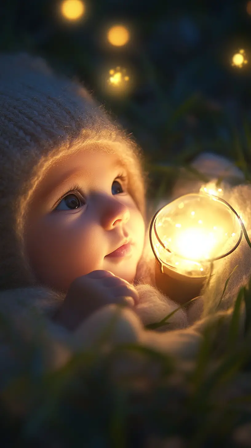 Baby blinking softly under flickering lamplight glow