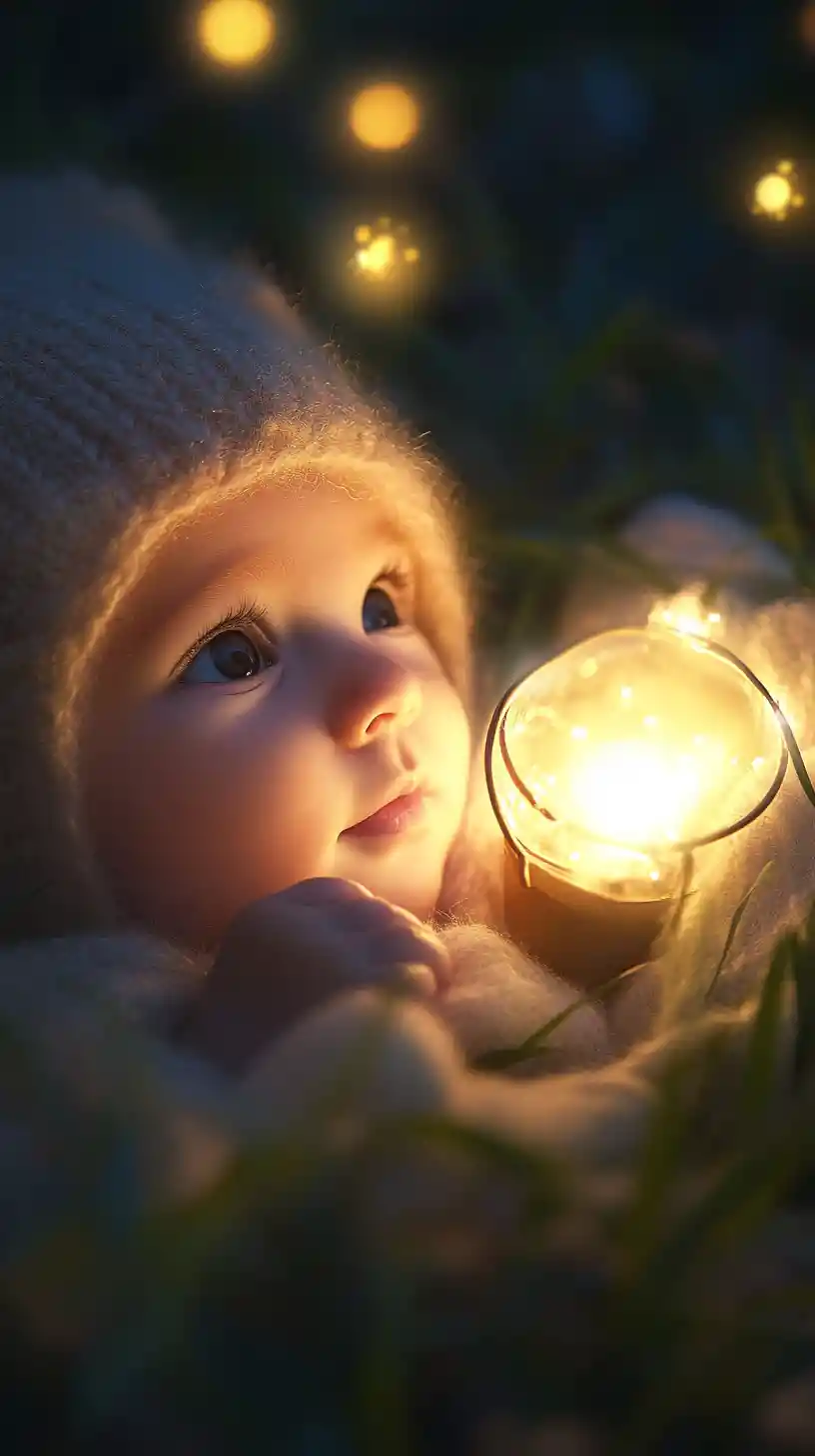 Baby blinking softly under flickering lamplight glow