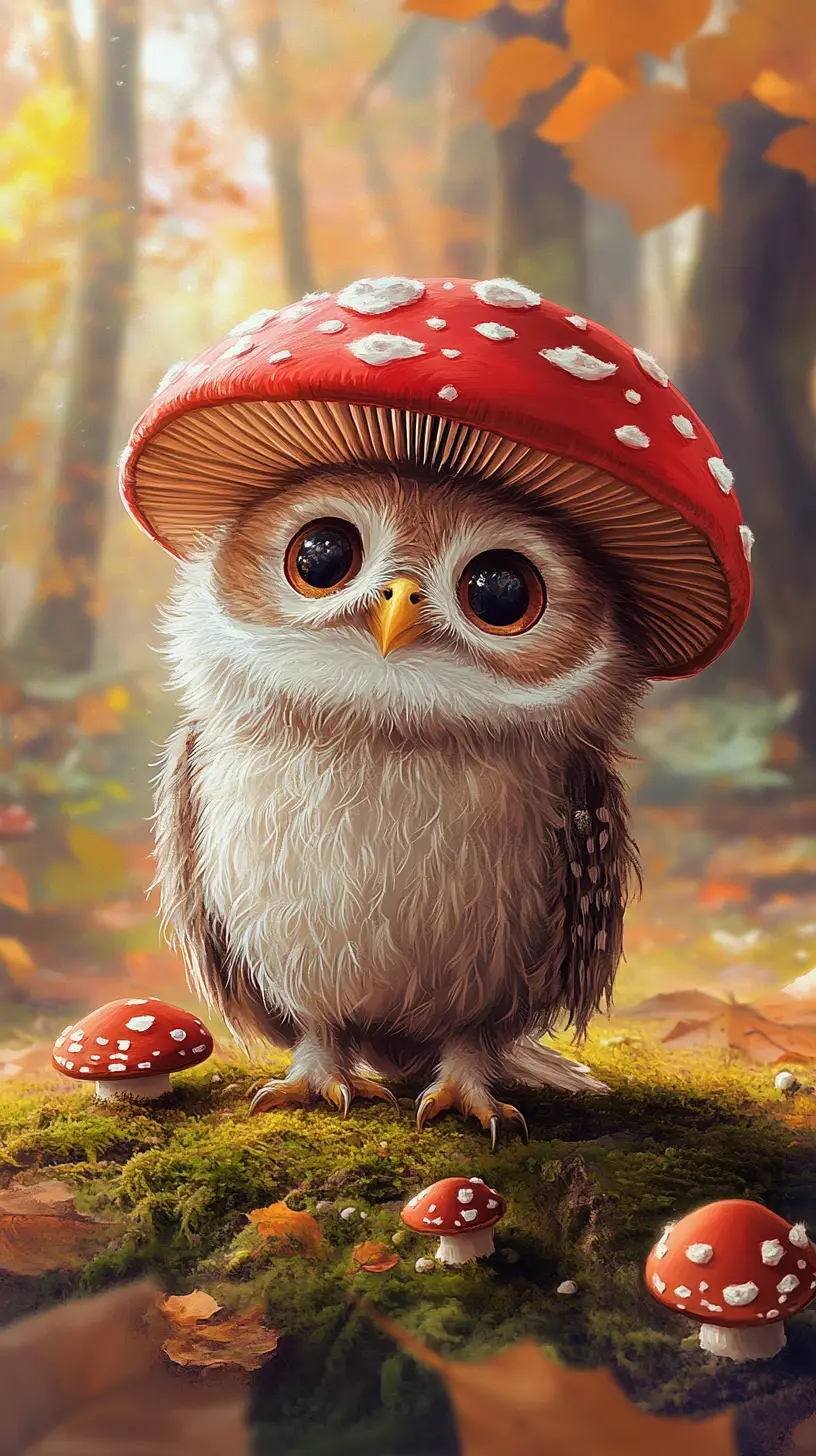 Whimsical Owl Wearing Mushroom Hat In Autumn Forest
