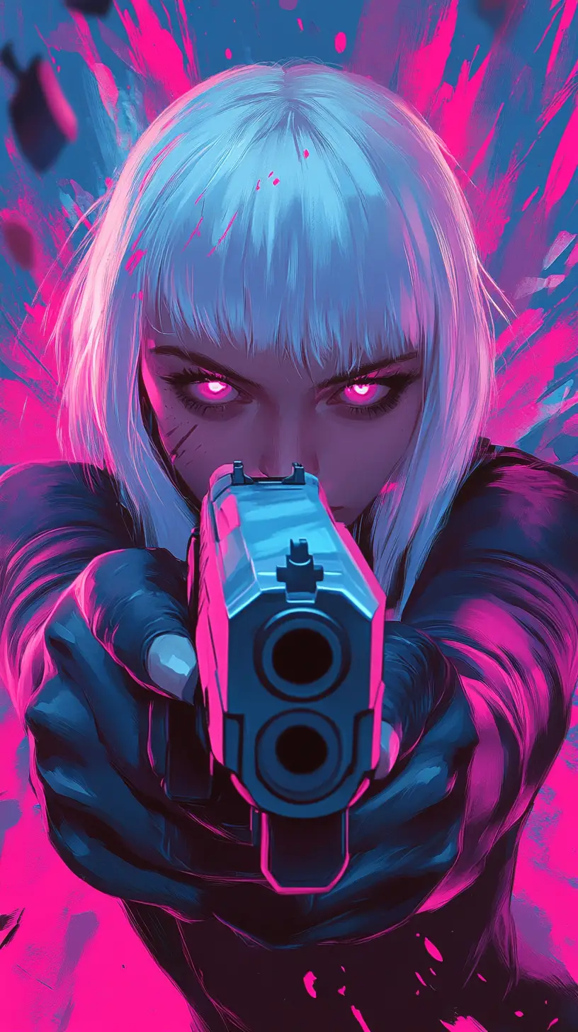 Anime girl aiming a handgun in neon close up illustration