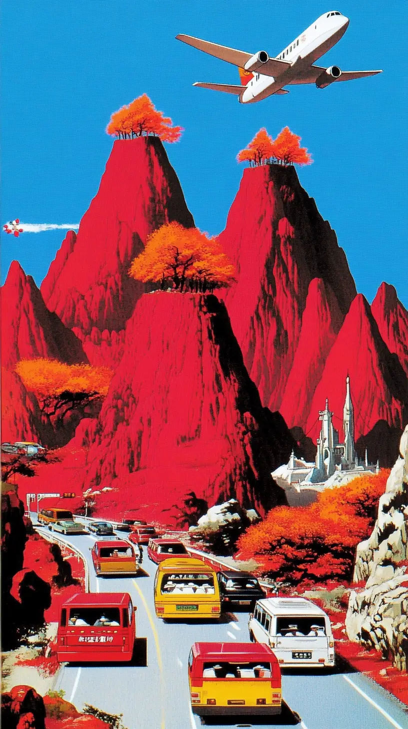 Red Chinese mountains with traffic on winding road