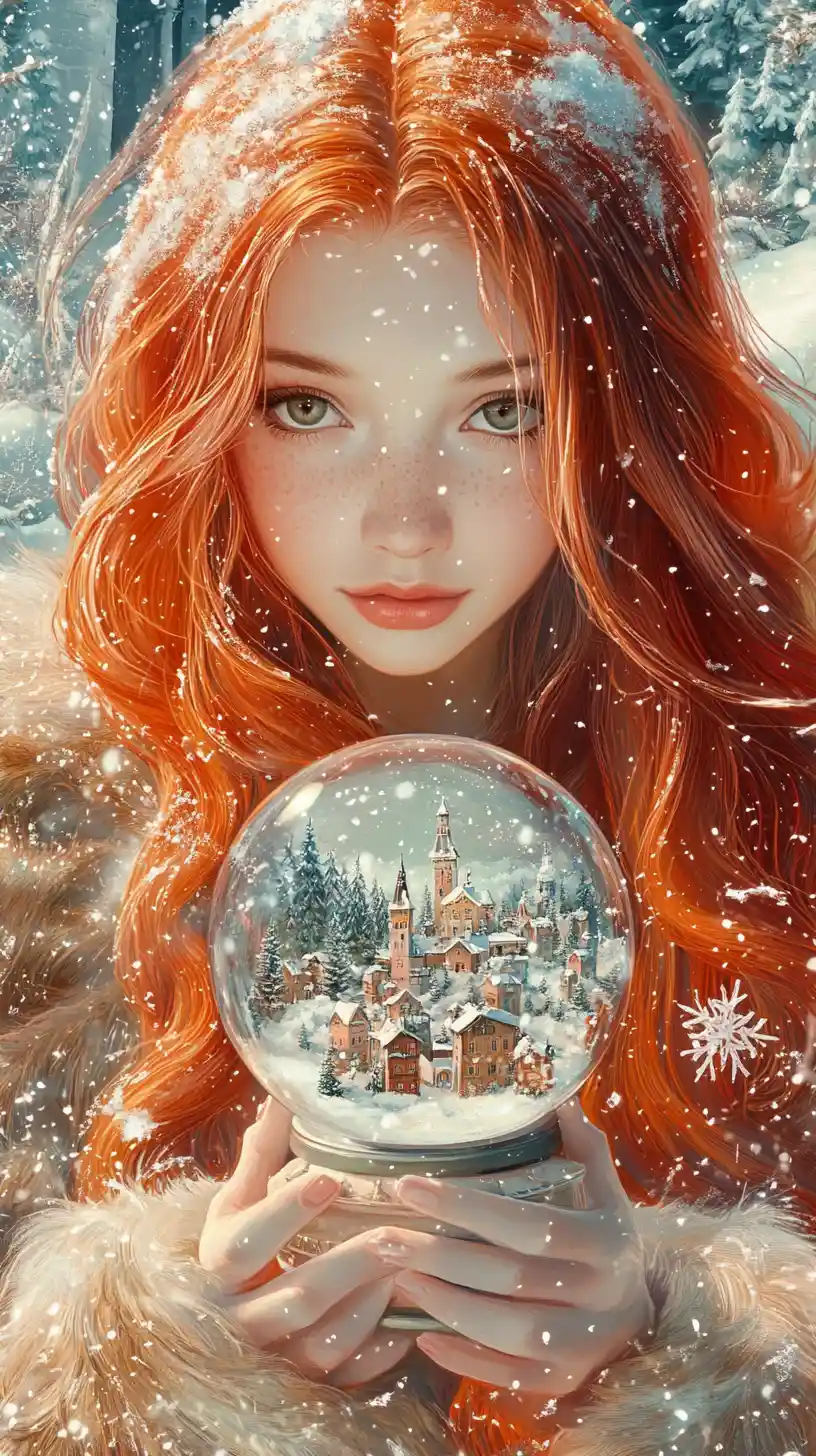 Red haired princess holding a snow globe in winter