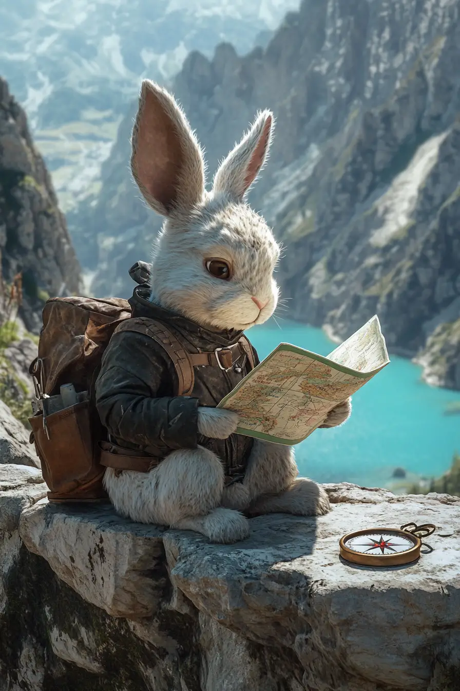 Anthropomorphic bull studying a map by mountain lake
