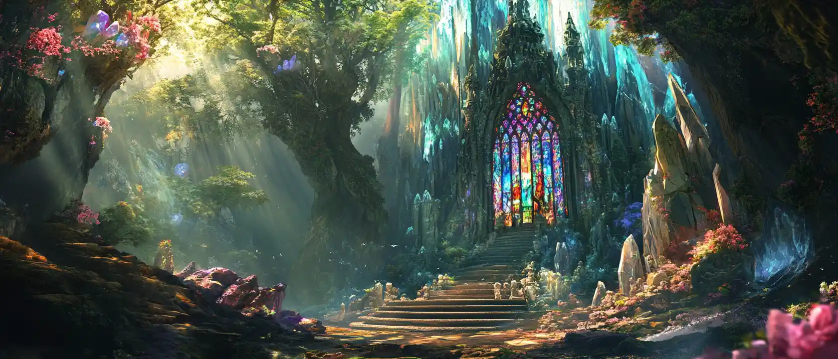 Fantasy forest temple with crystal and stone tree
