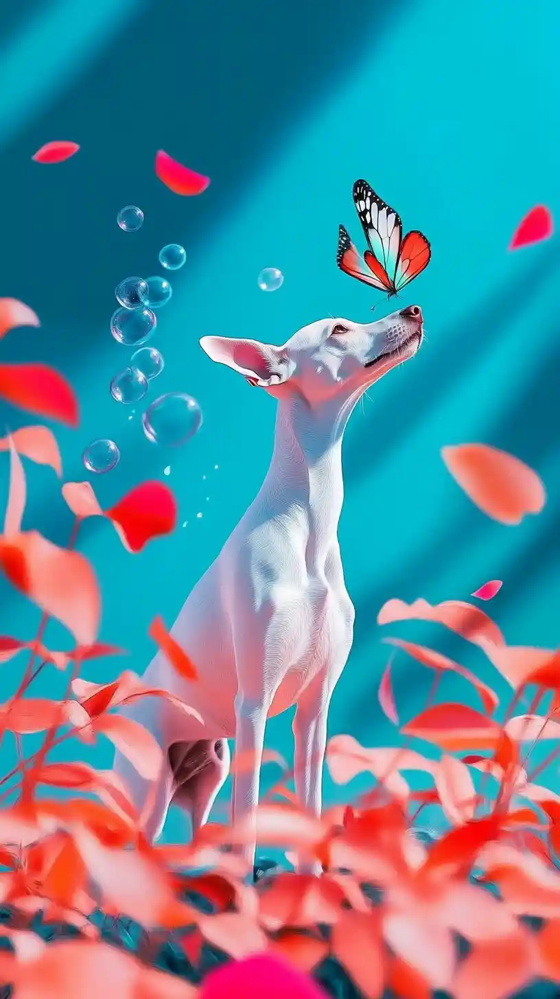 Italian Greyhound in a glowing meadow with butterfly