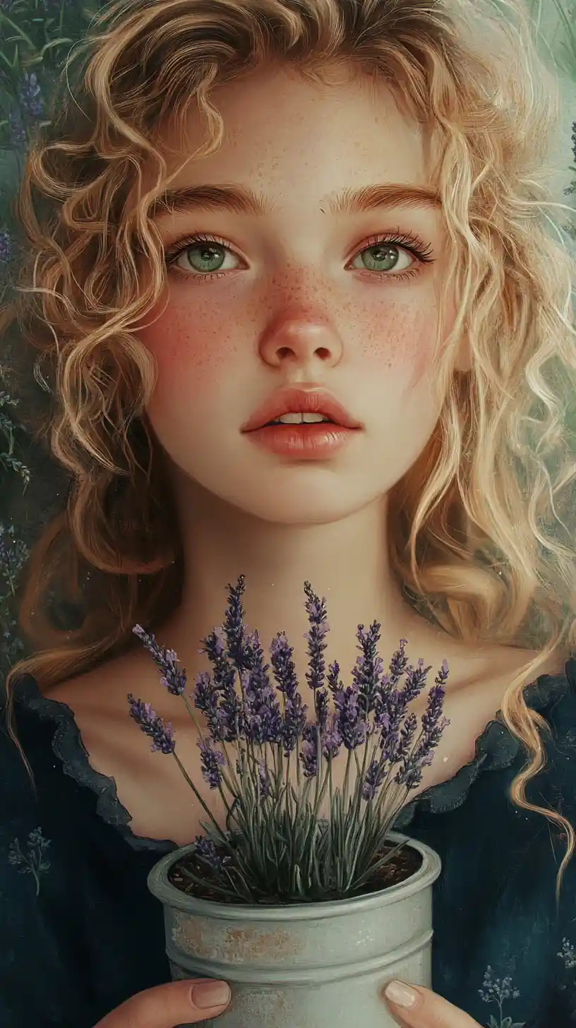 Dreamy blond girl holding lavender tin in field