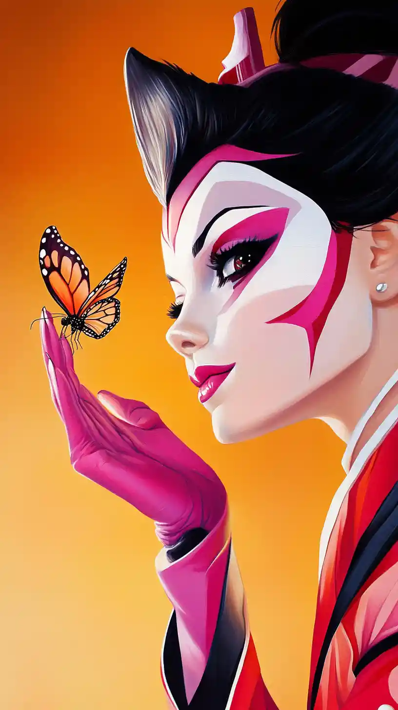 Futuristic geisha cyborg watching a delicate butterfly