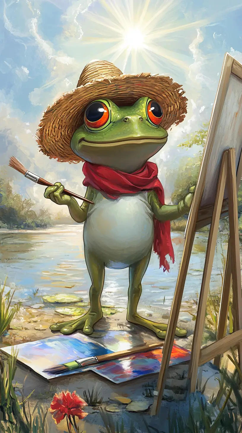 Cheerful Cartoon Frog Painting By A Lakeside Easel