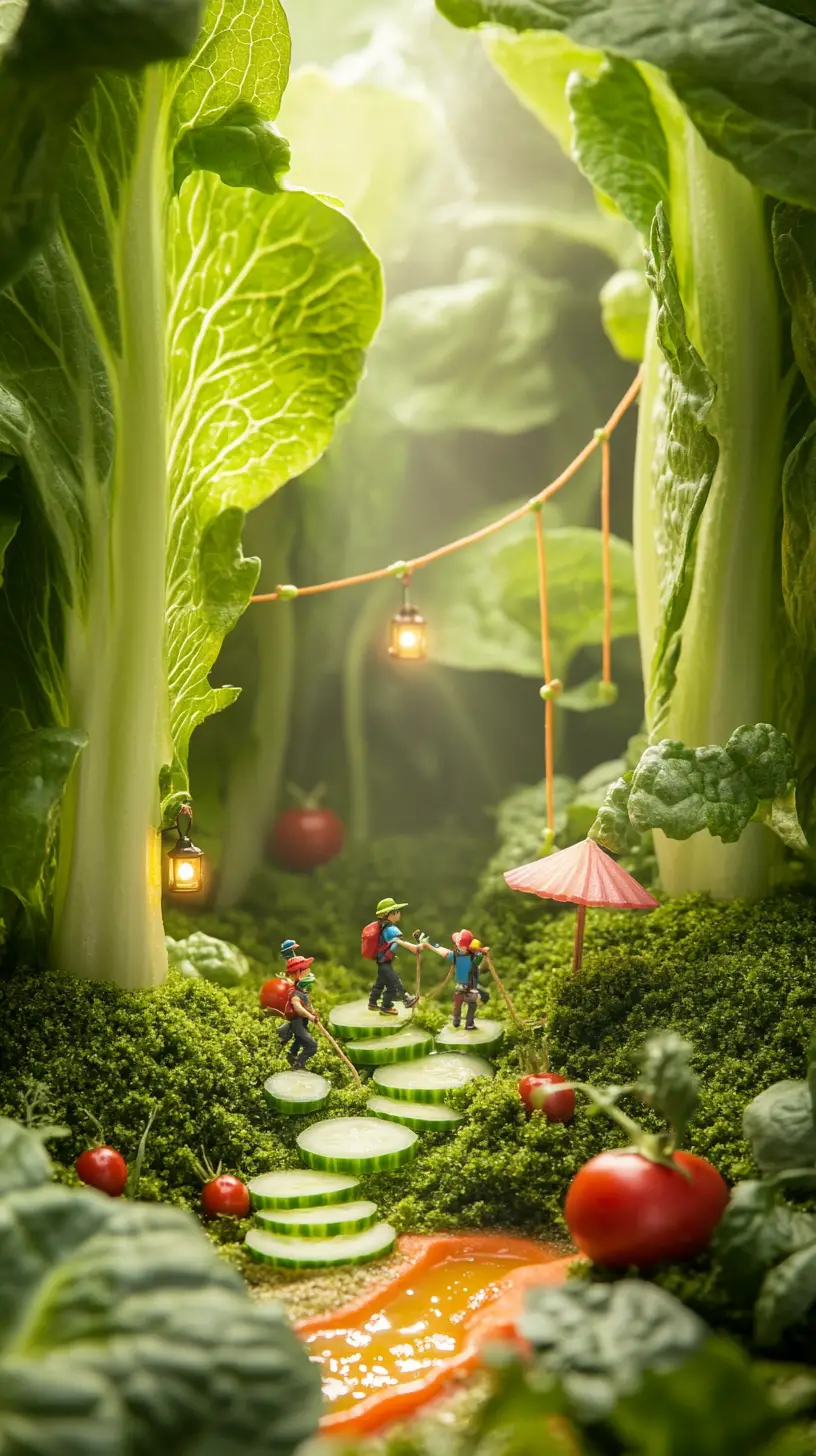 Tiny explorers hiking through a lush salad jungle