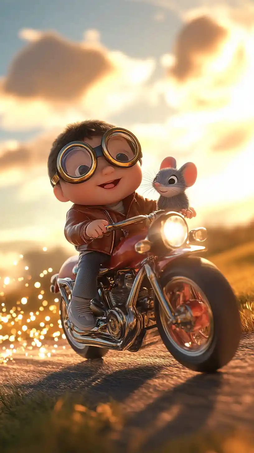 Bebè su moto magica con un topolino al tramonto