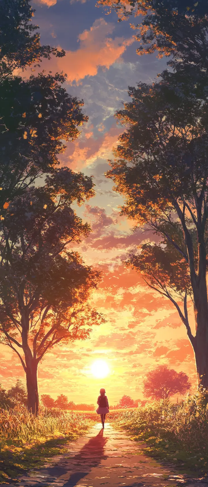 Lone traveler on a tree lined countryside path at sunset