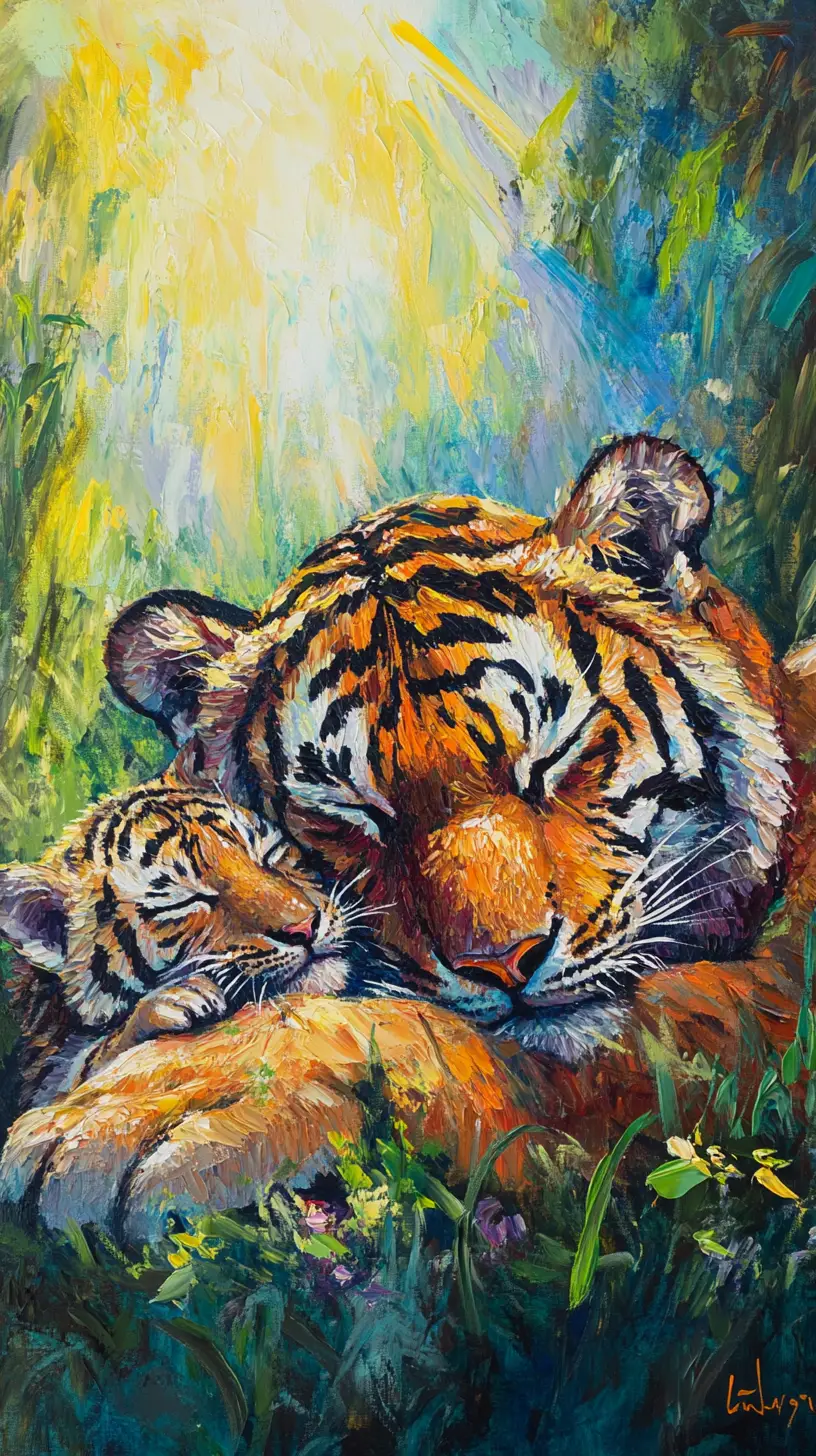 Mother tiger resting in the sunlit savannah with cubs