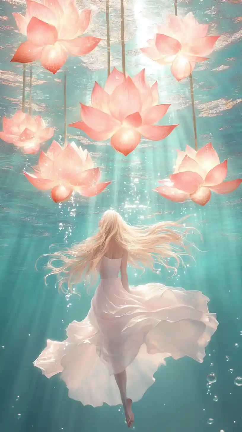 Femme Sous-Marine Rêveuse aux Cheveux Flottants et Fleurs de Lotus