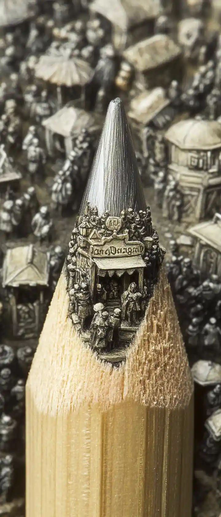 Close up pencil tip revealing tiny fantasy market world