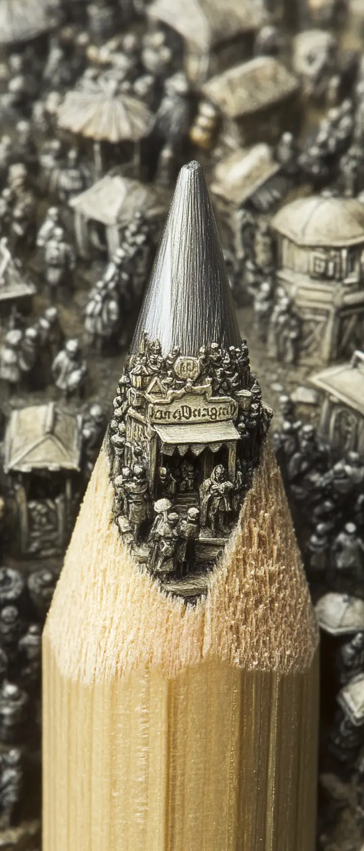 Close up pencil tip revealing tiny fantasy market world