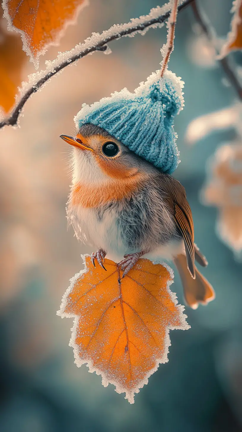 Cute furry robin like creature on autumn leaf in frost