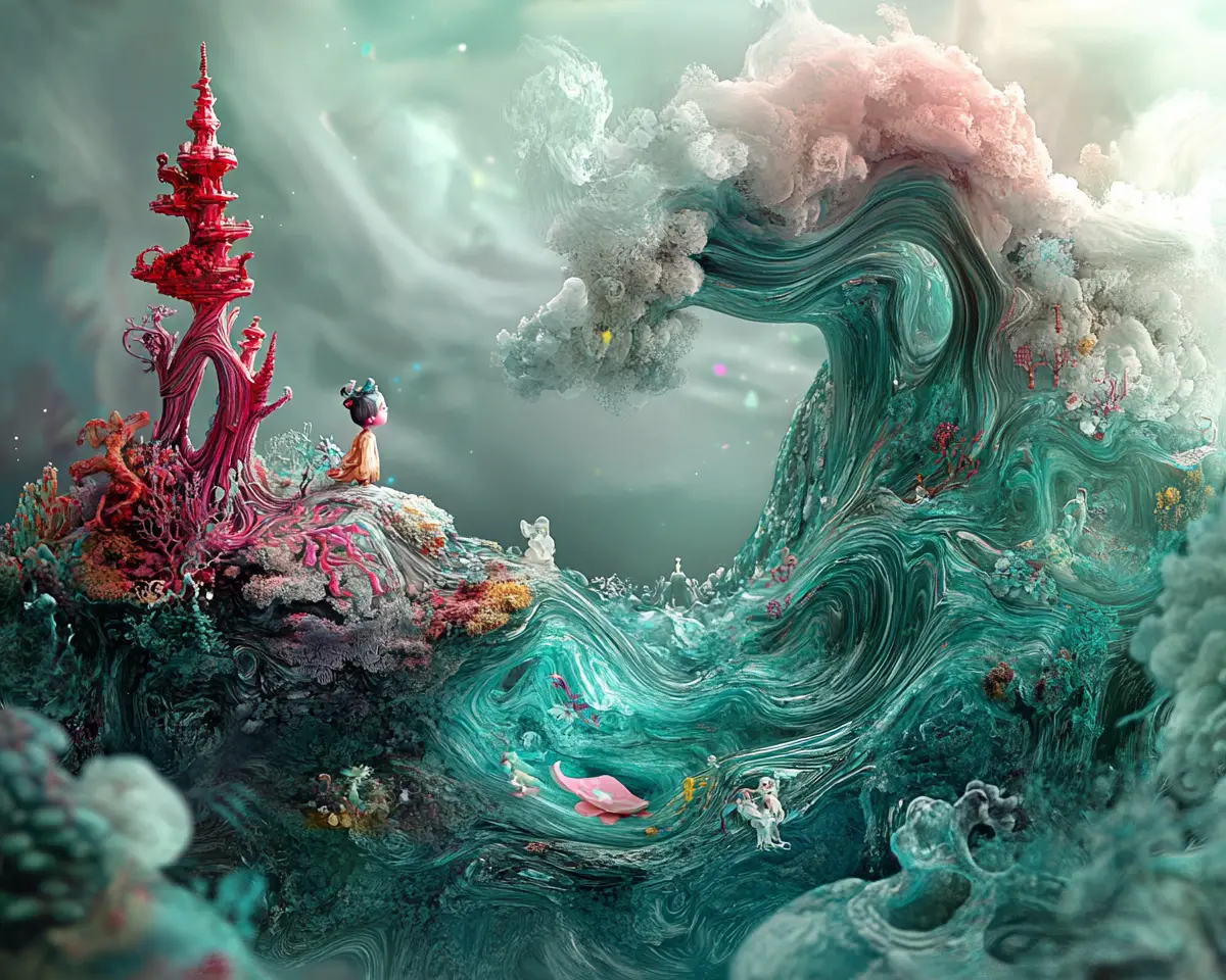Tiny chibi hero in a whimsical dreamlike fantasy scene