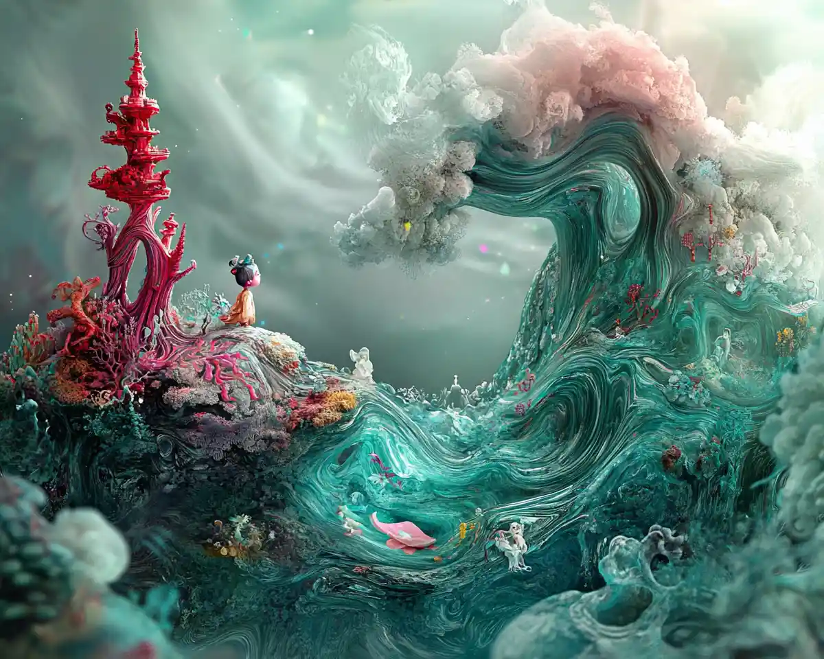 Tiny chibi hero in a whimsical dreamlike fantasy scene