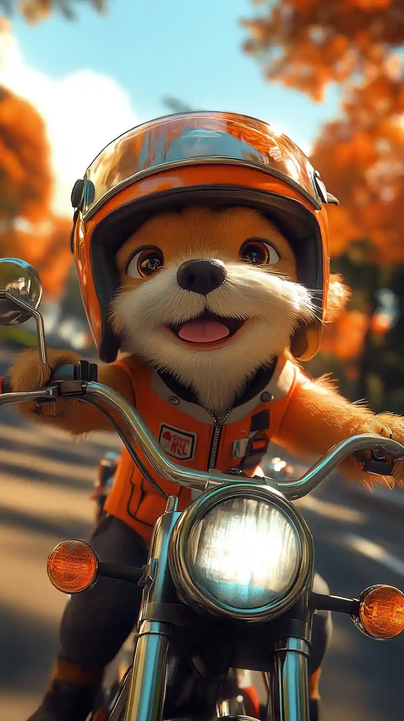 Cute puppy riding a motorcycle in pixar style