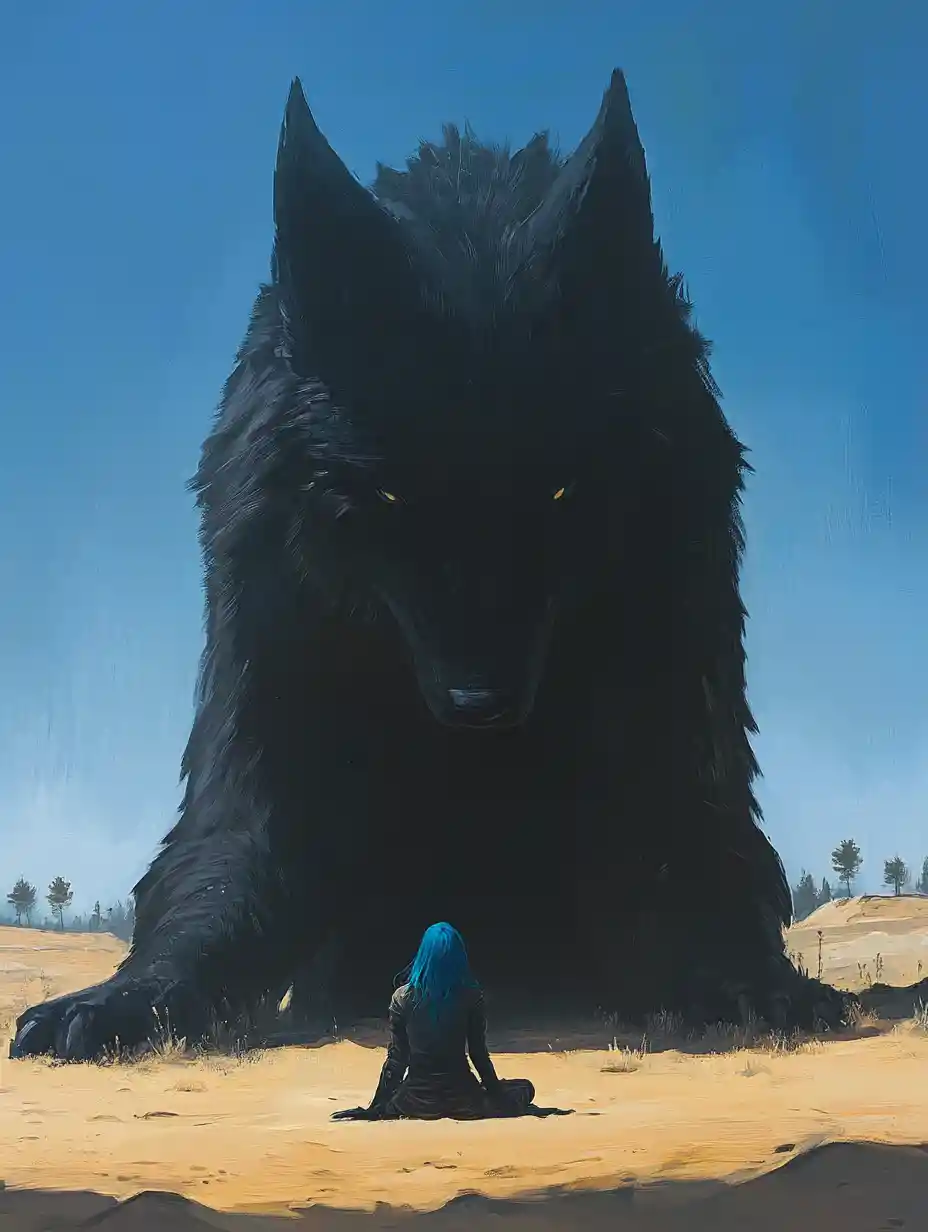 Resting figure beside a protective dark wolf in desert