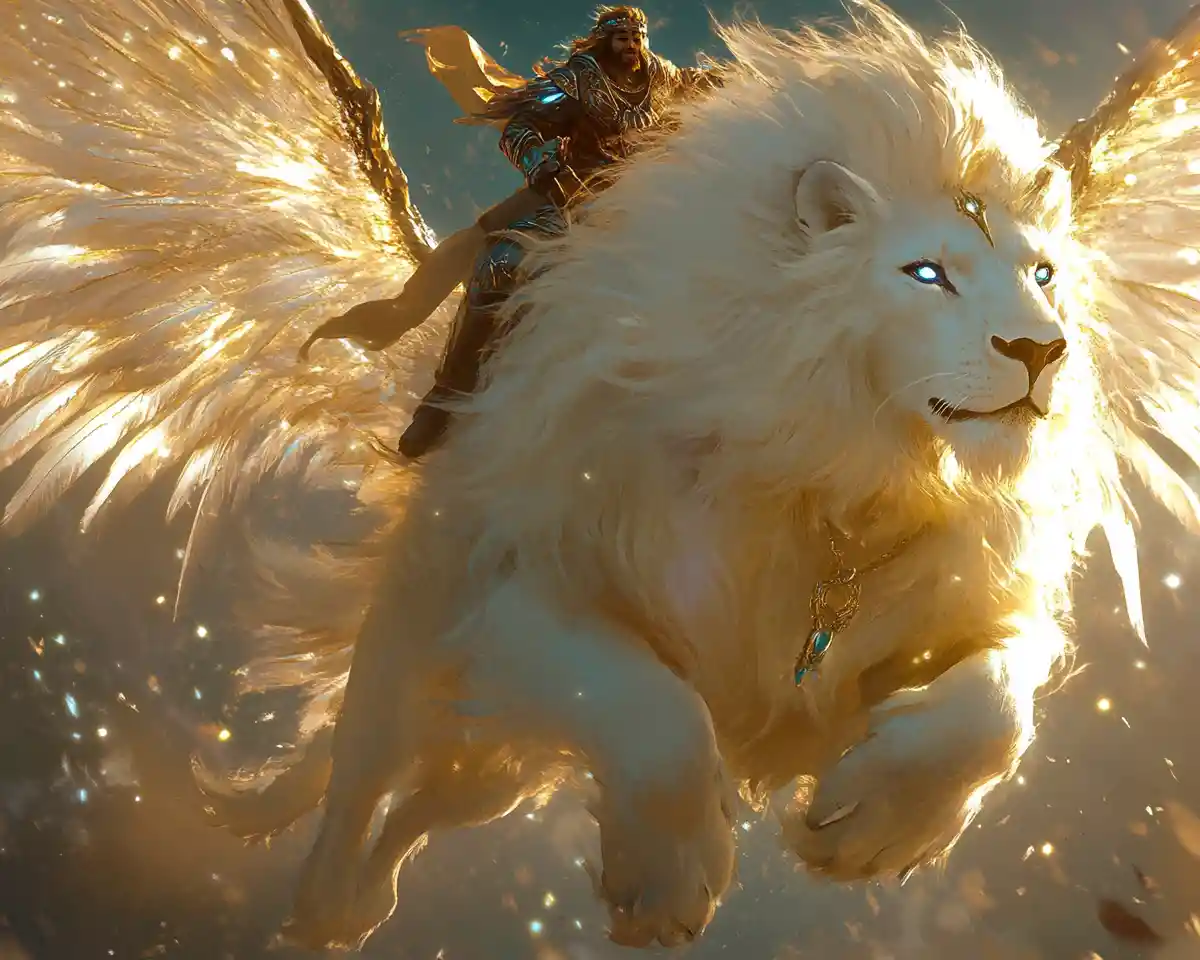 Lion ailé majestueux avec guerrier planant dans le ciel