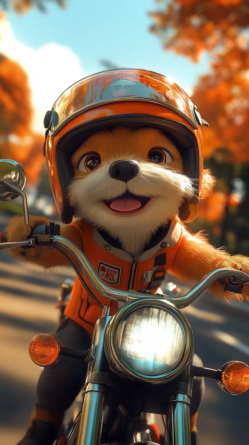 Cute puppy riding a motorcycle in pixar style