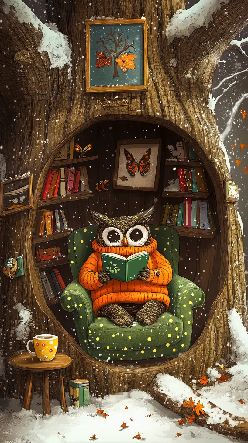 Owl Reading In A Cozy Hollow Tree Room