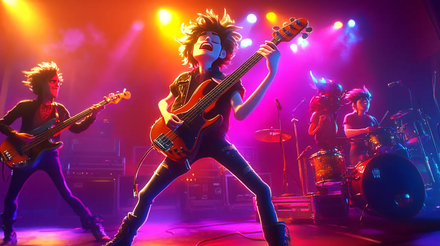 Pixar style rock band performing on glowing concert stage