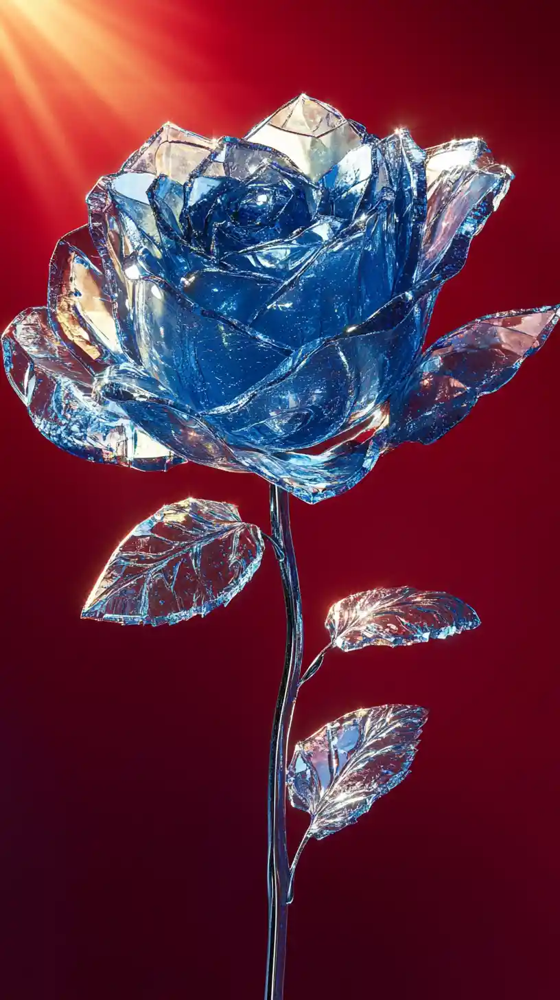 Blaue Kristallrose mit barocken und Arabesken-Verzierungen