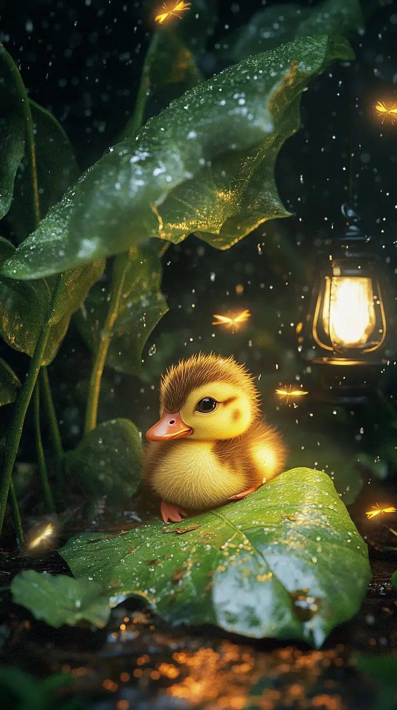 Duckling Sheltered Under Leaf In Soft Lamplight
