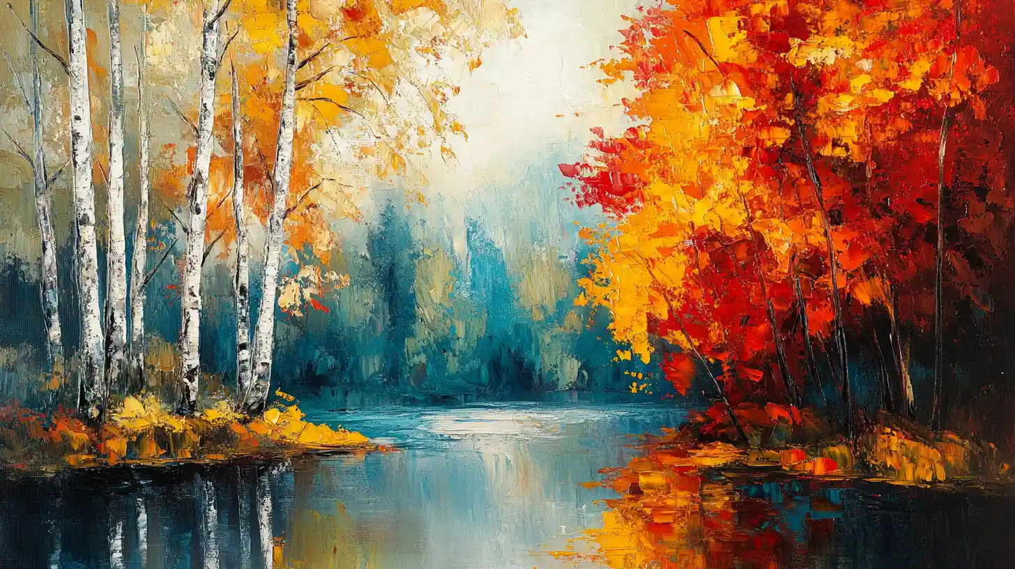 Colorful impressionist painting of autumn forest and lake
