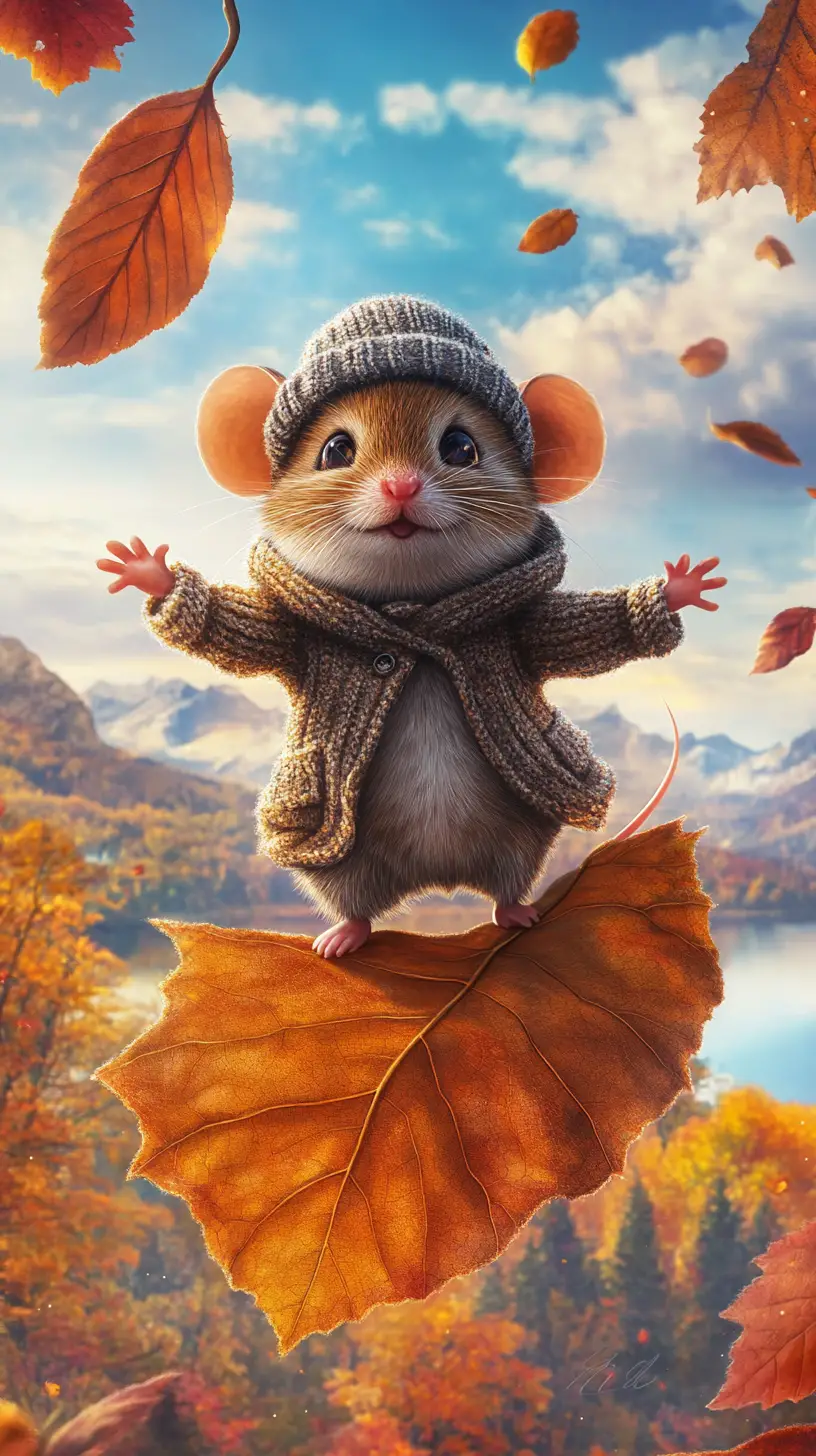 Cute mouse balancing on a flying autumn leaf